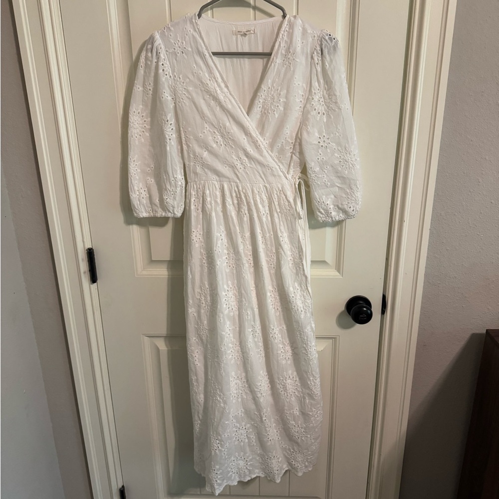 Tea n Rose White Wrap Sundress with Puff Sleeves